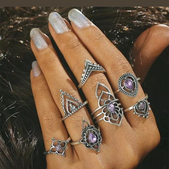 Nib 7 piece boho ring set, above knuckle silver - Picture 2 of 4